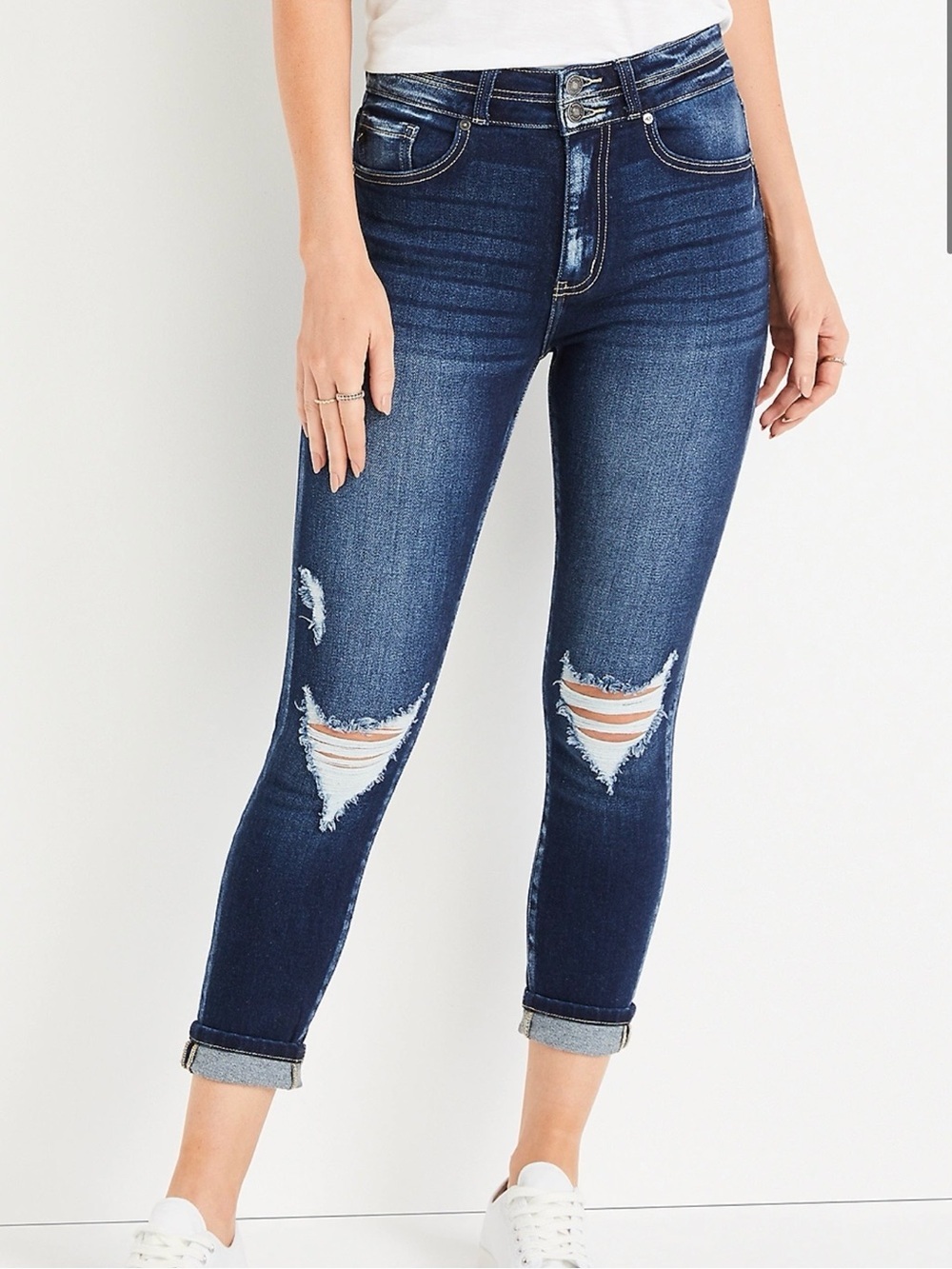 KanCan High Rise Ripped Cropped Jeans Dark Wash Double Button Skinny 29 Women’s